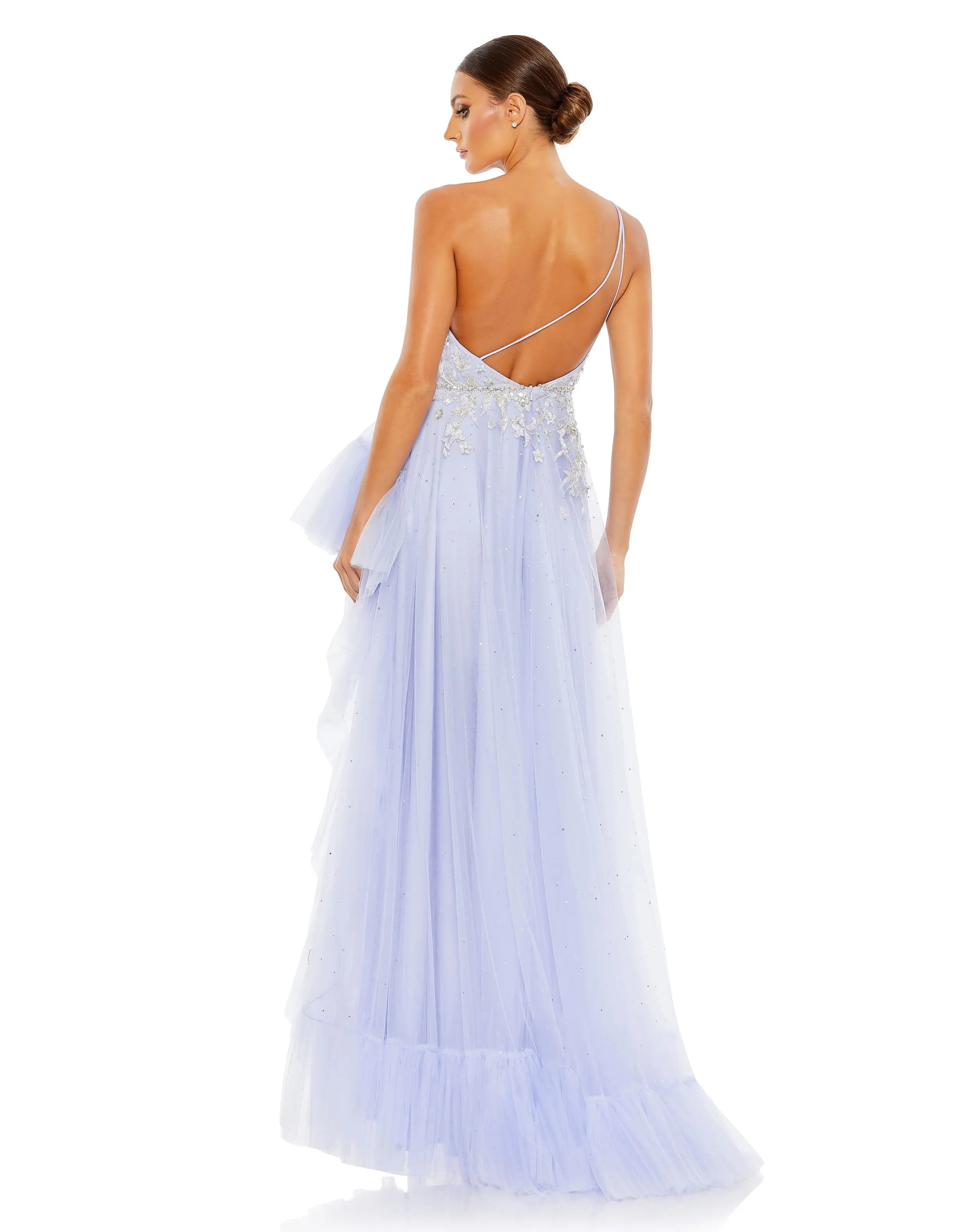 Purple Embellished One Shoulder Asymmetrical Hem Gown