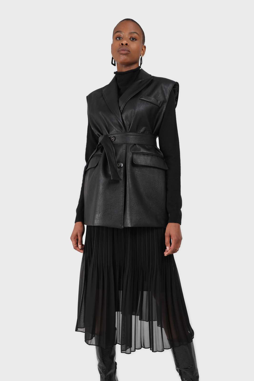 Black silky micro pleat maxi skirt