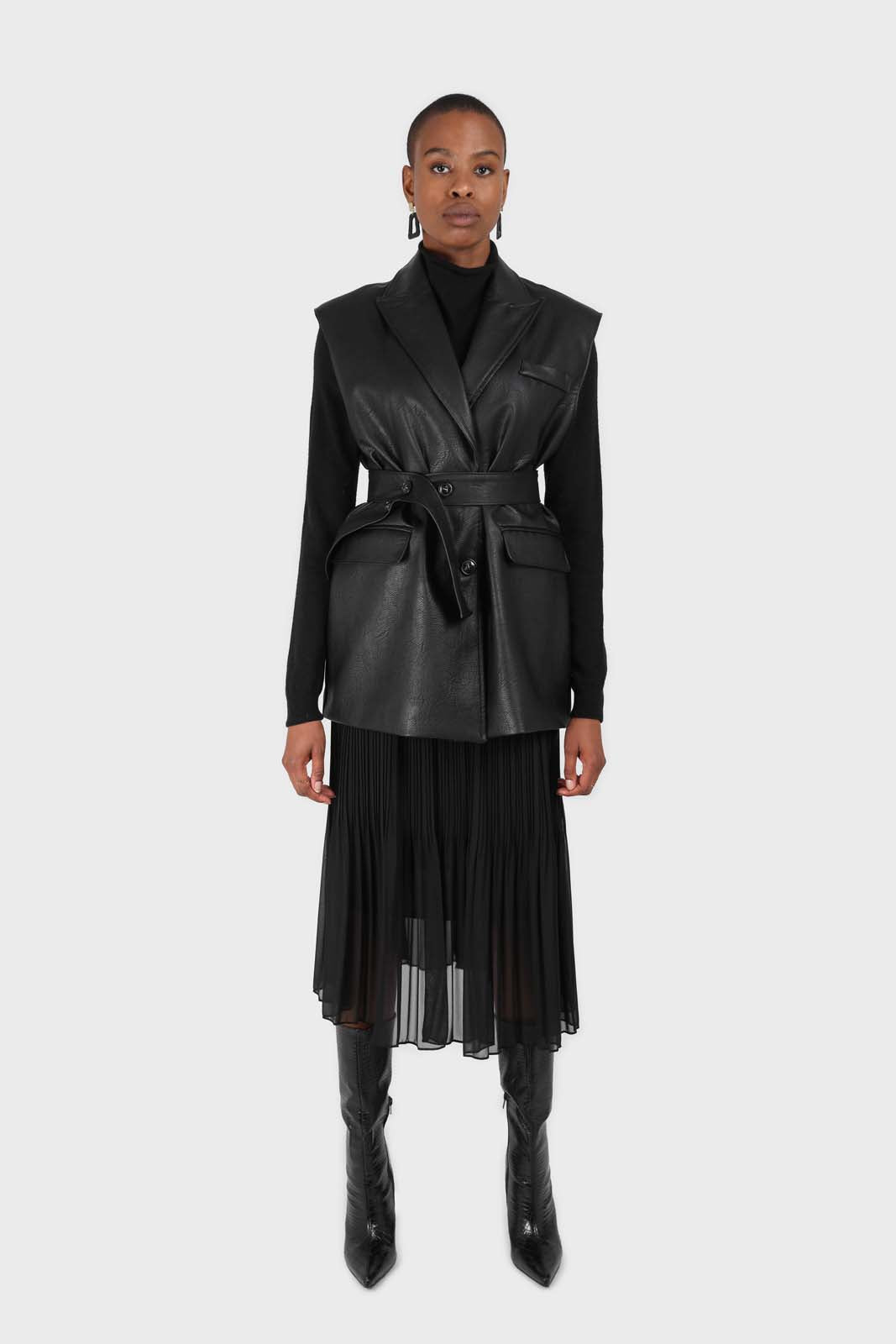 Black silky micro pleat maxi skirt