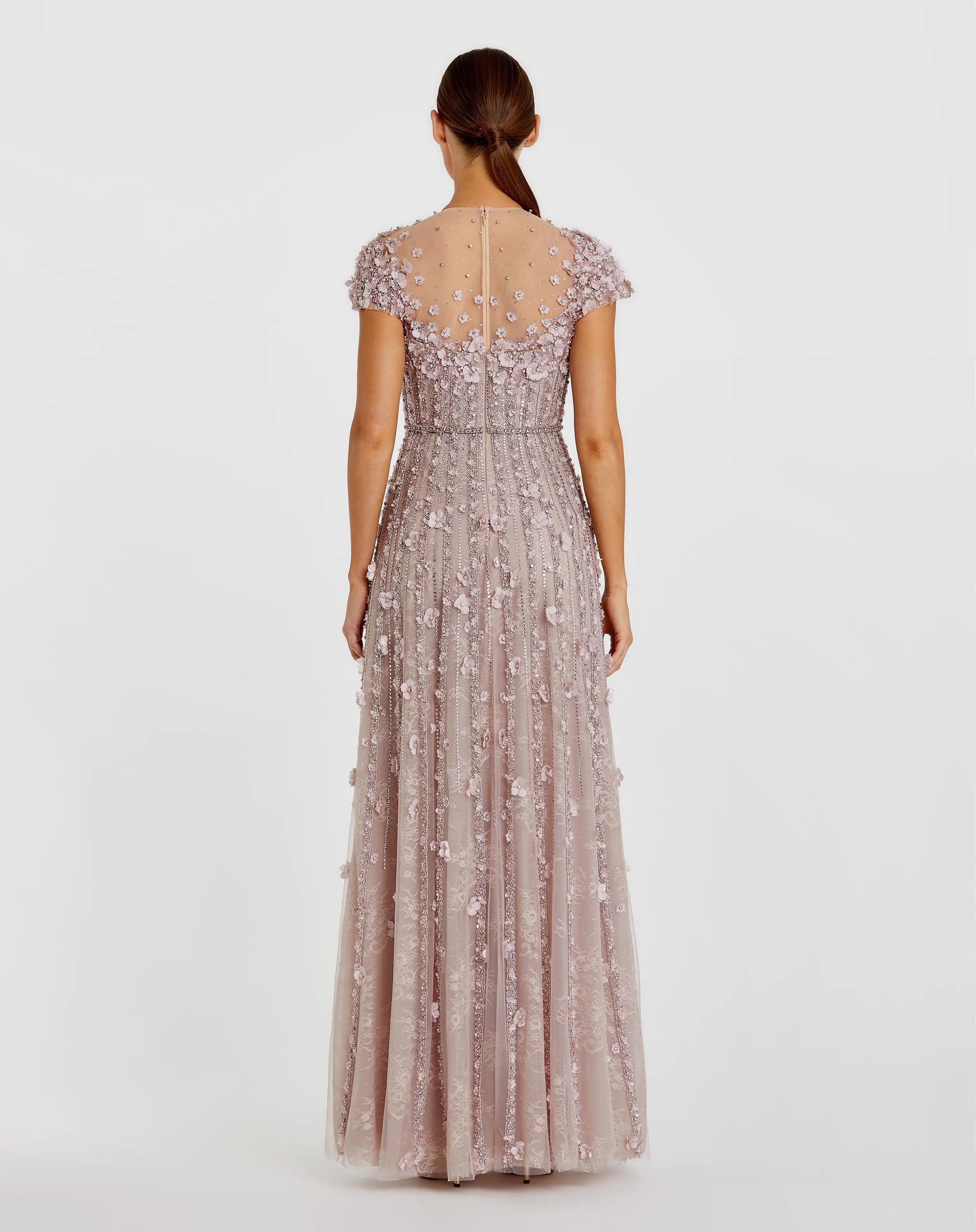 Pink Embellished Lace Illusion Neck A-Line Gown