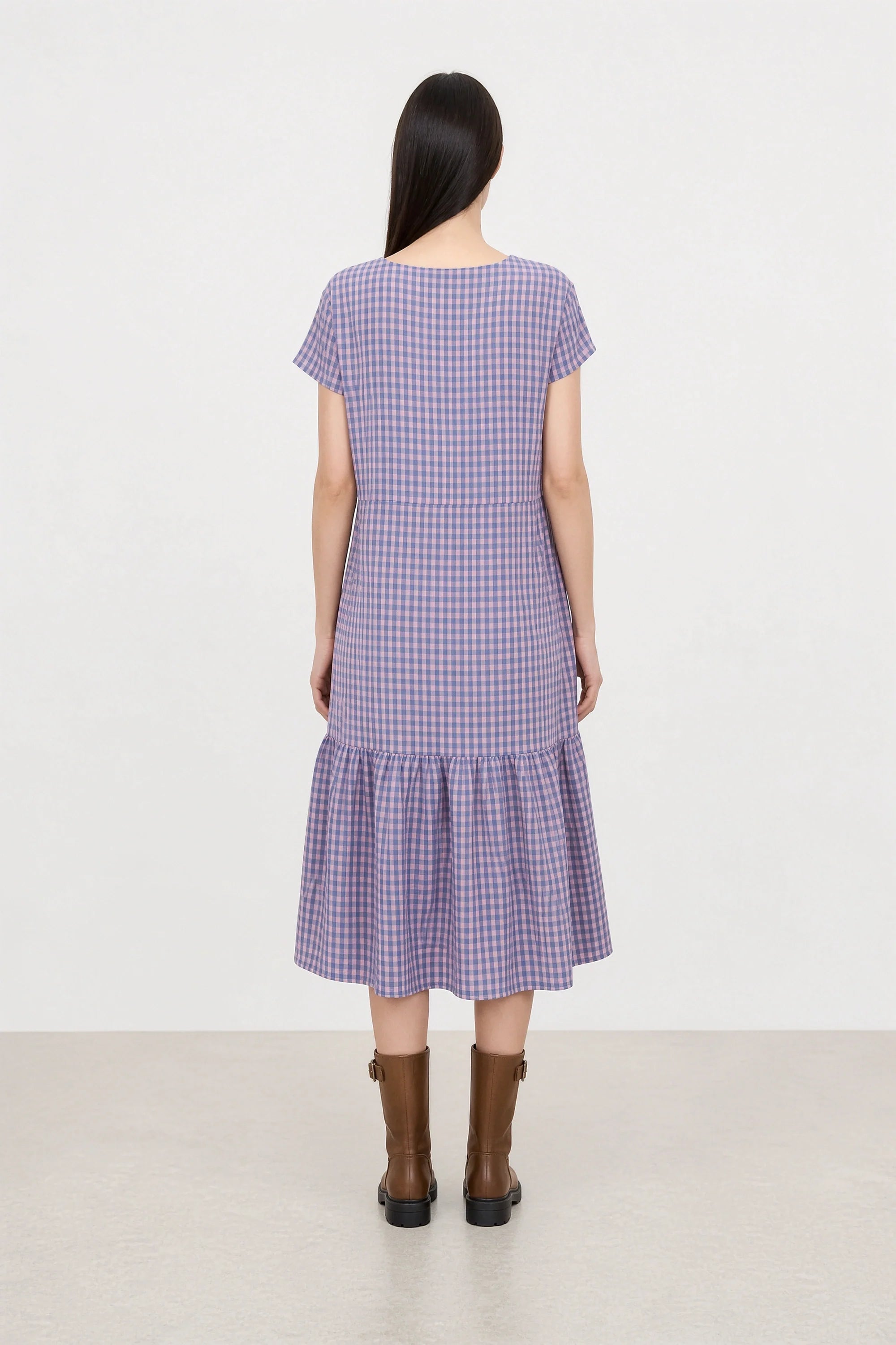 Cobalt blue and pink gingham ruffle trim dress