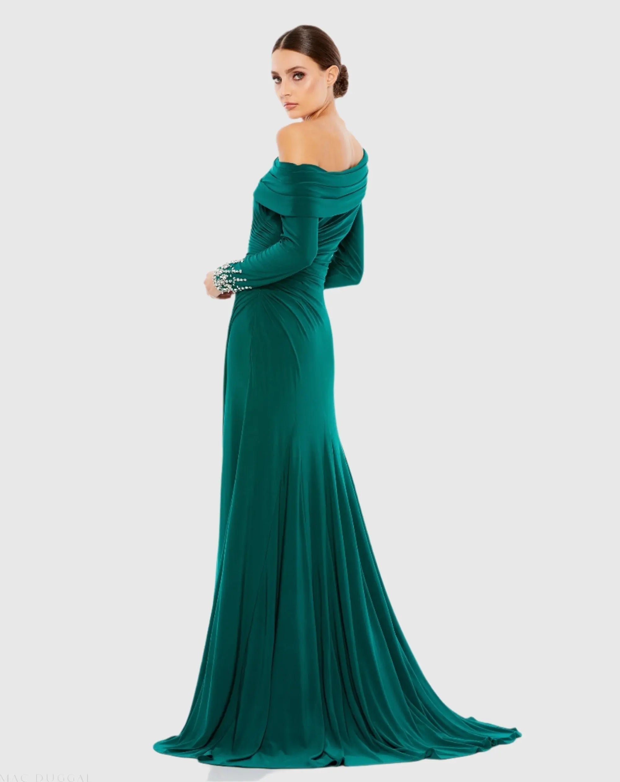 Green Beaded Cuff Drop Shoulder Faux Wrap Gown