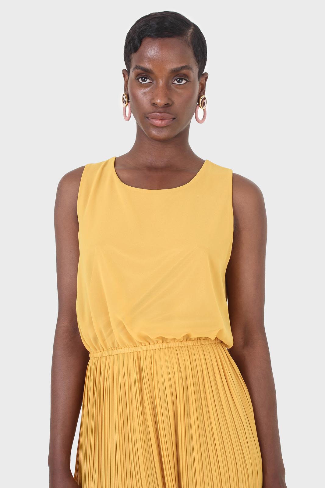 Mustard silky micro pleat maxi dress