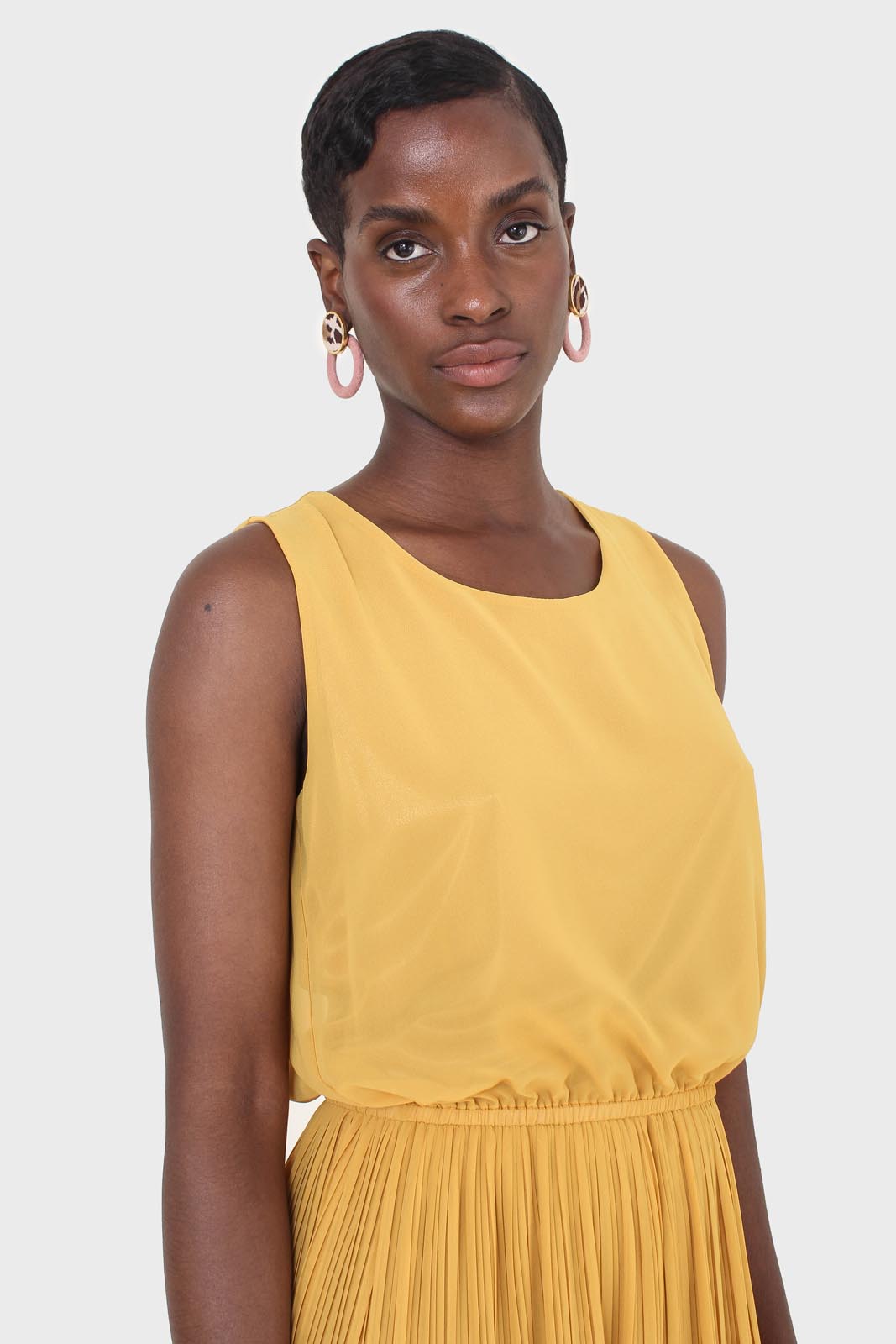 Mustard silky micro pleat maxi dress