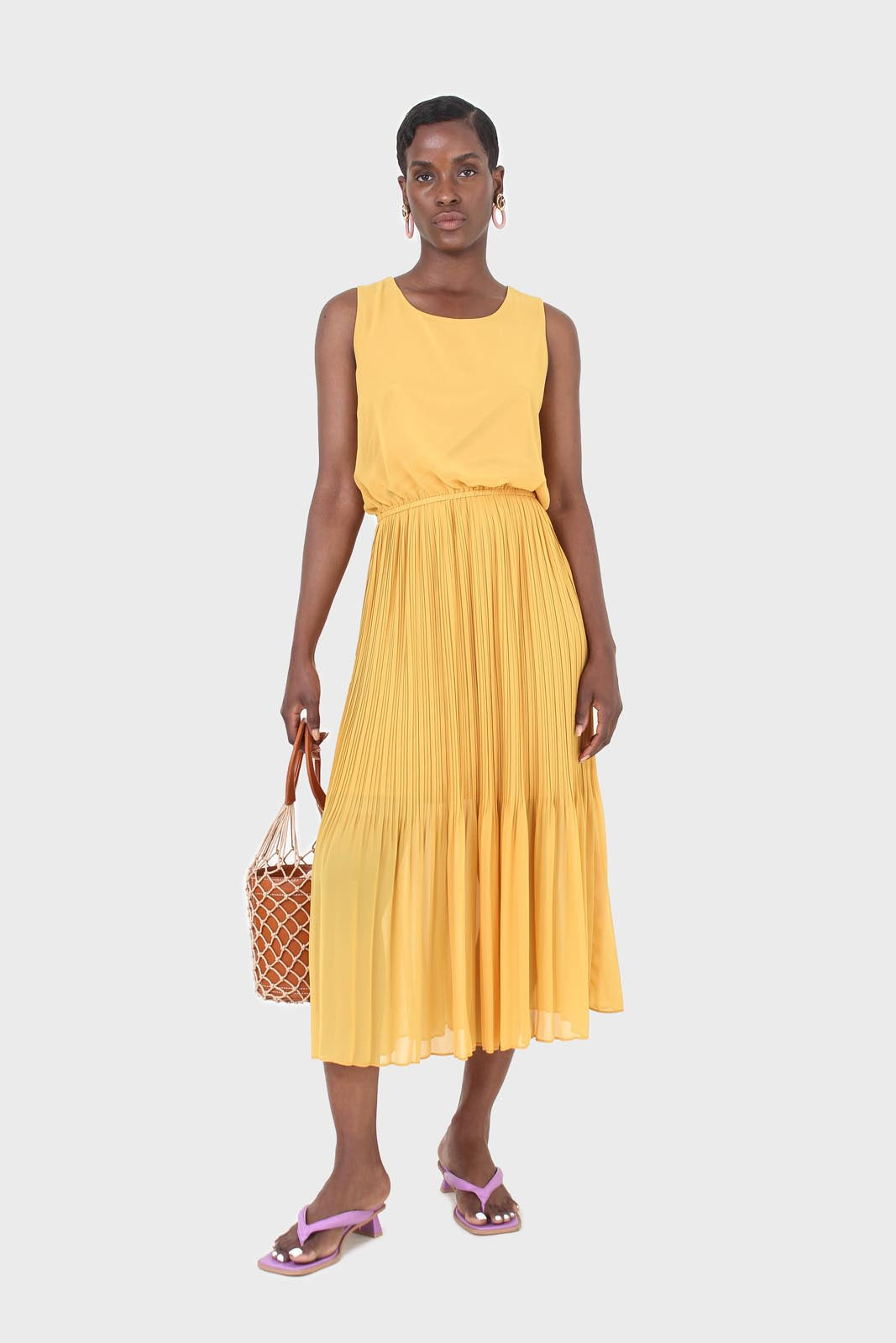 Mustard silky micro pleat maxi dress