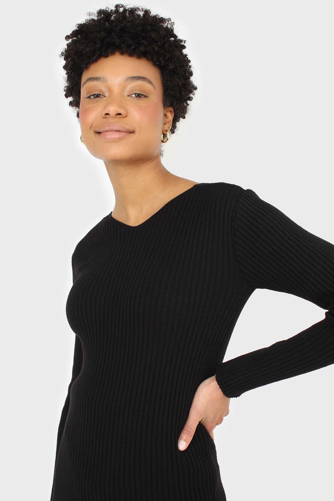 Black ribbed double V fitted knit top