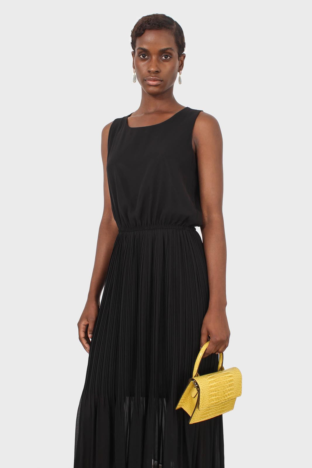 Black silky micro pleat maxi dress