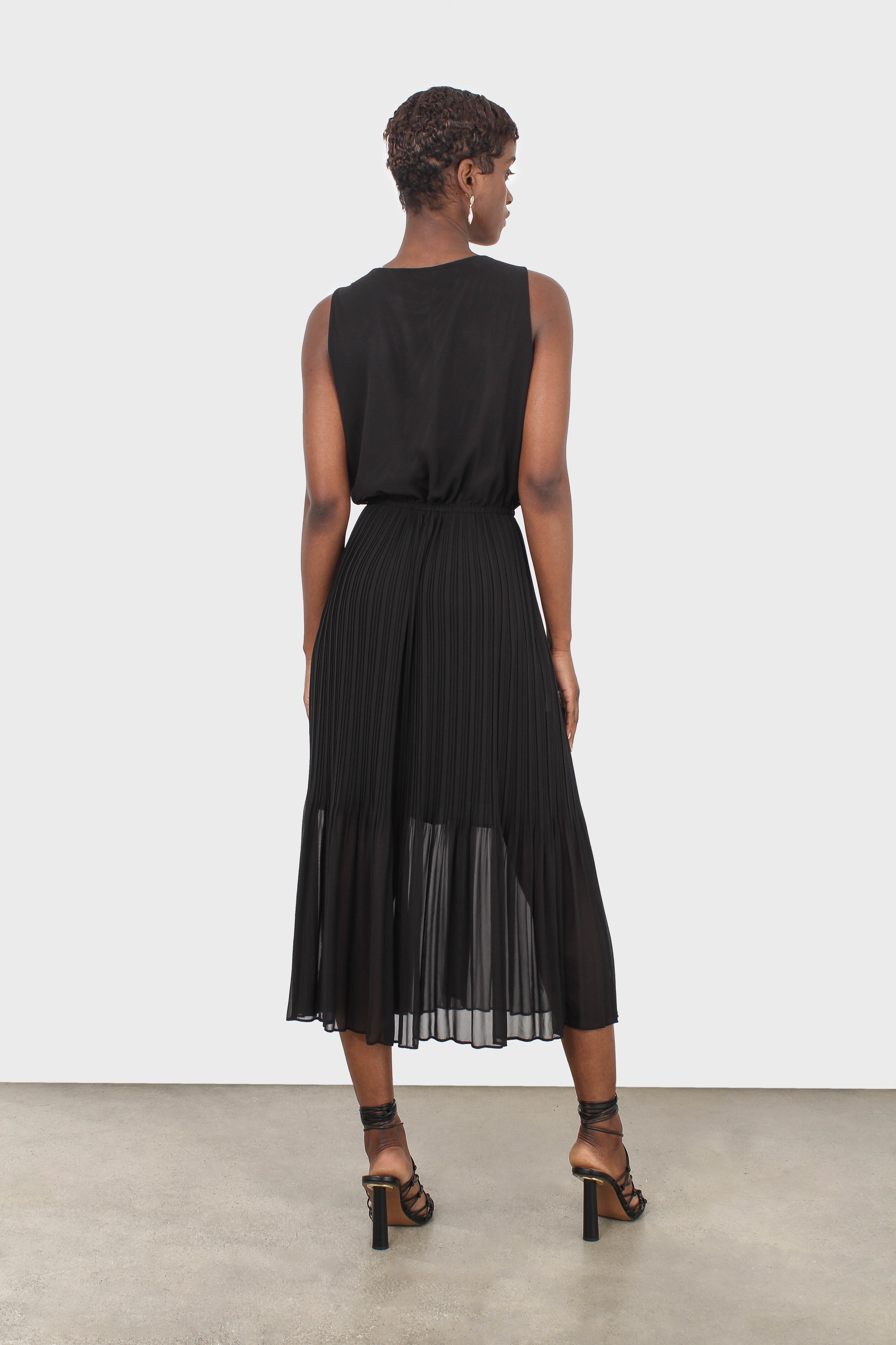 Black silky micro pleat maxi dress