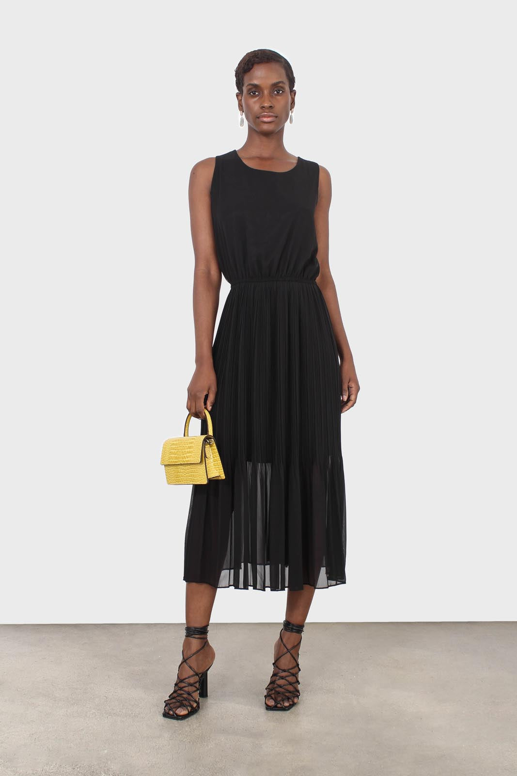 Black silky micro pleat maxi dress