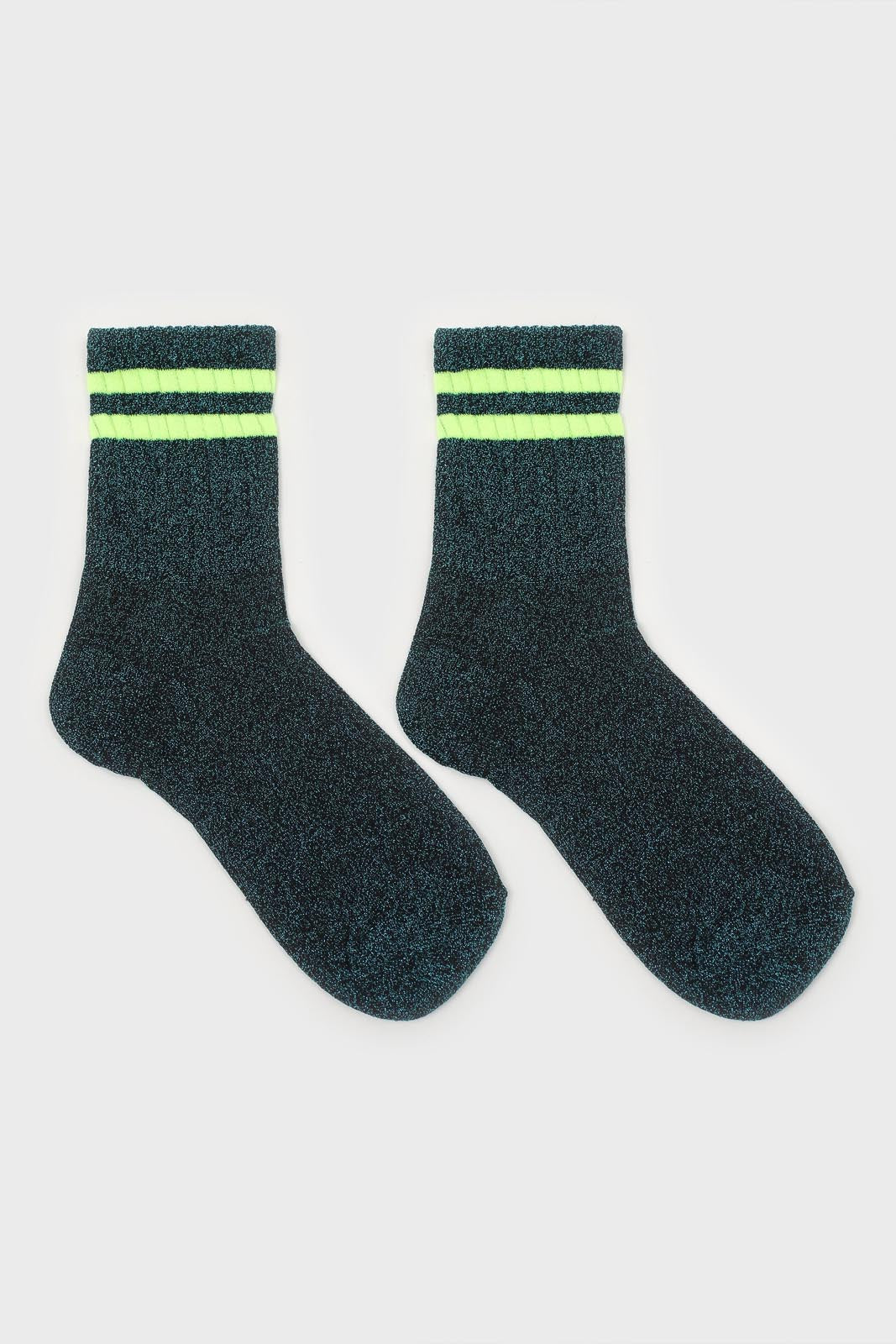 Teal metallic neon yellow varsity stripe socks