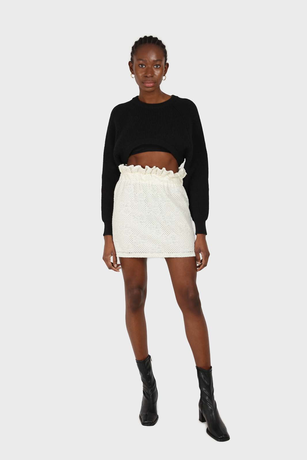 Ivory ruched waist eyelet mini skirt