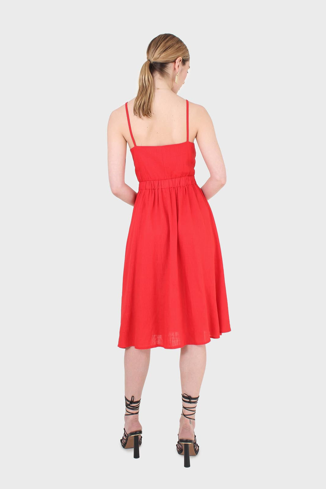 Bright red peek tie front linen dress