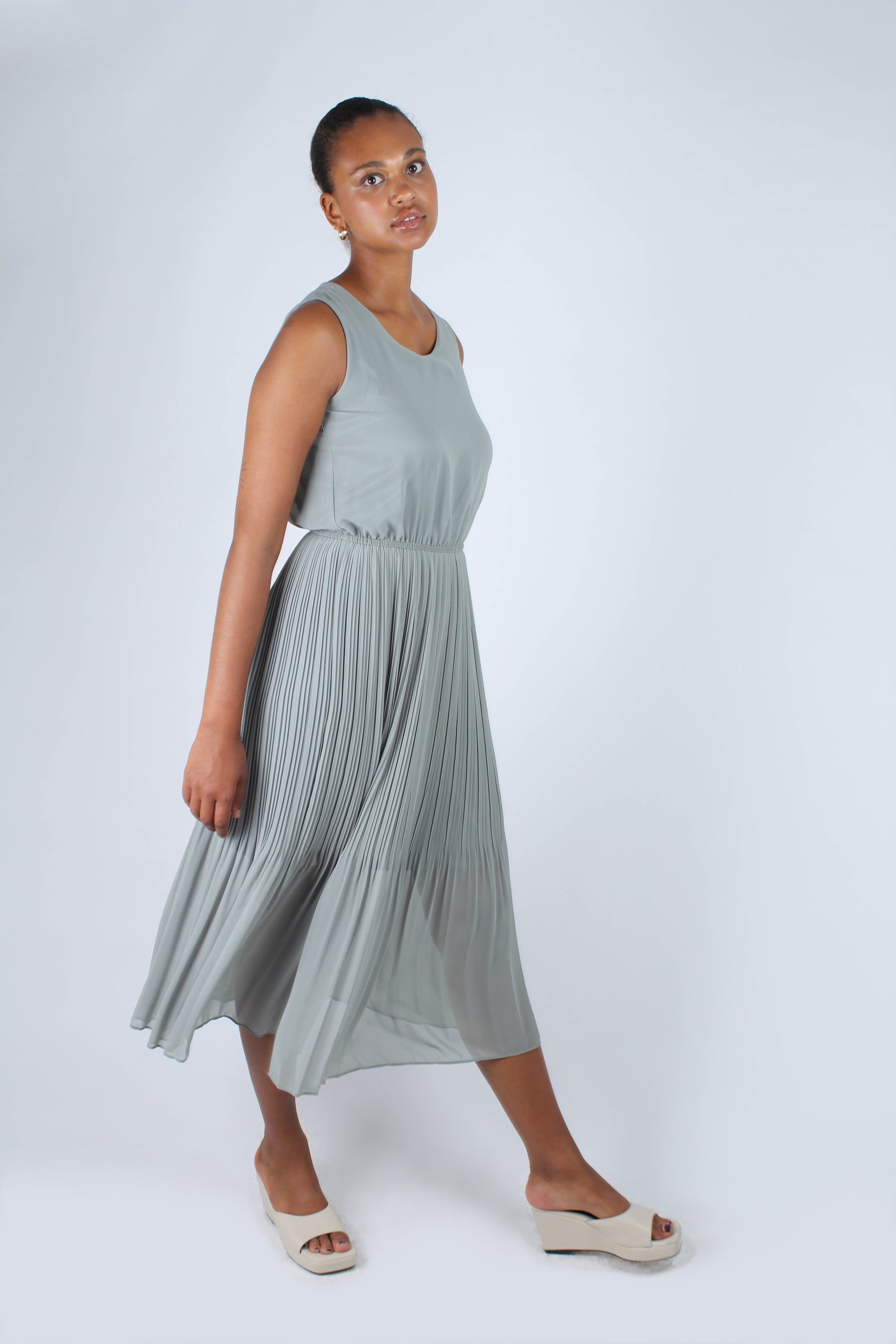 Mint silky micro pleat maxi dress