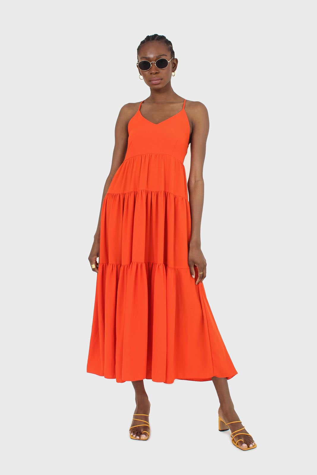 Red tiered tie back maxi dress