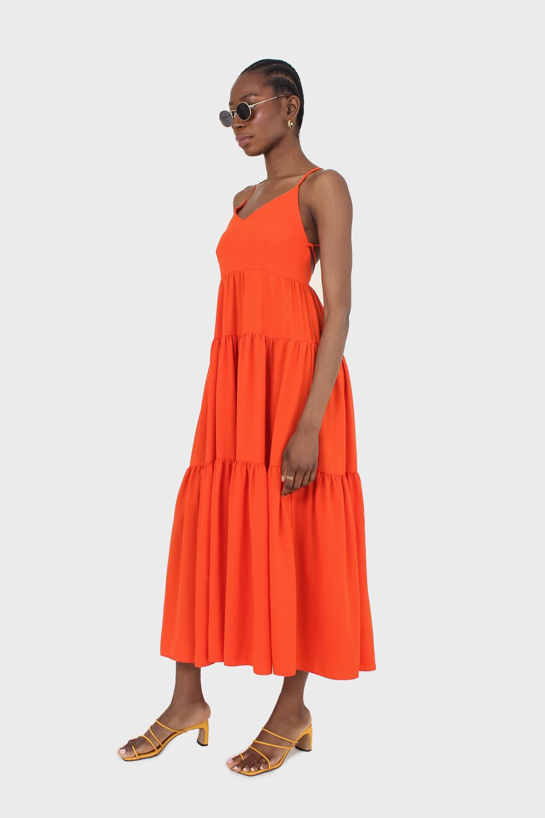 Red tiered tie back maxi dress