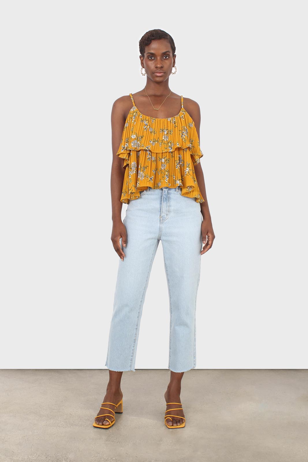 Rust orange and navy floral print off shoulder top