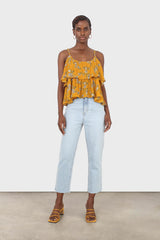 Rust orange and navy floral print off shoulder top