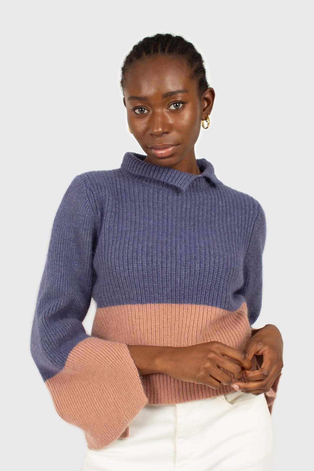 Blue and pink colorblock mock neck angora jumper