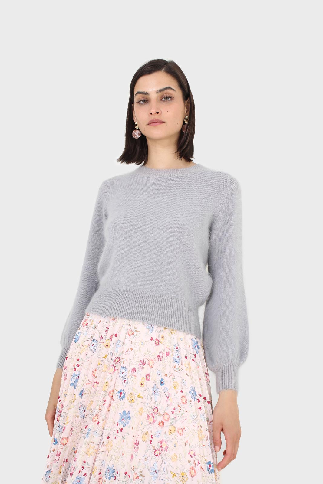 Grey balloon sleeve angora jumper