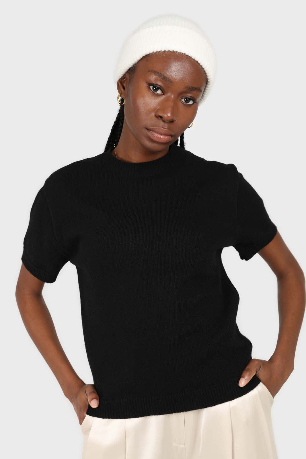 Black wool mock neck knit tee
