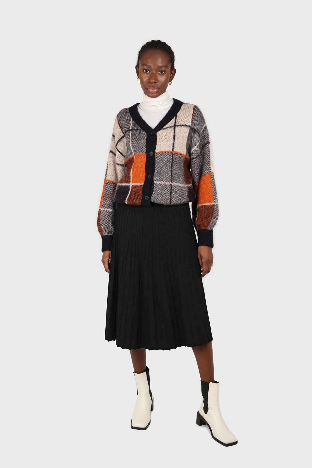 Black lined midi length flare knit skirt
