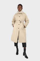 Light beige faux fur collar lined trench coat
