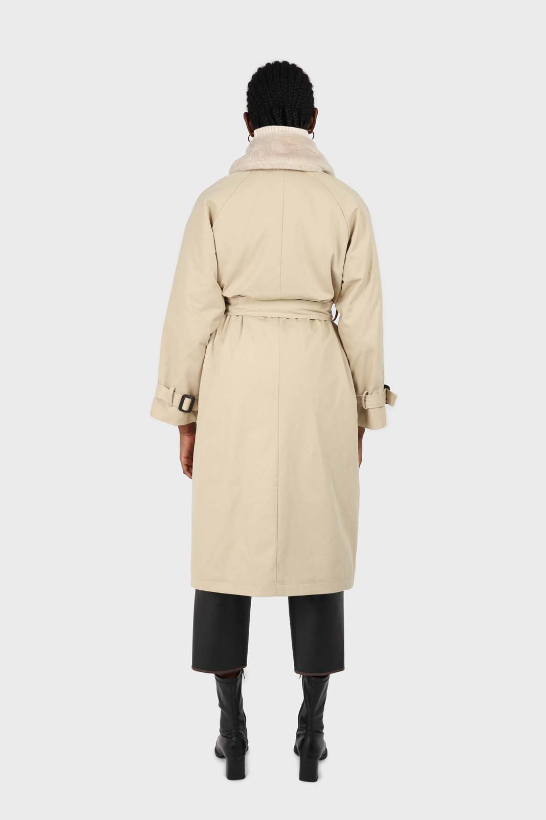 Light beige faux fur collar lined trench coat