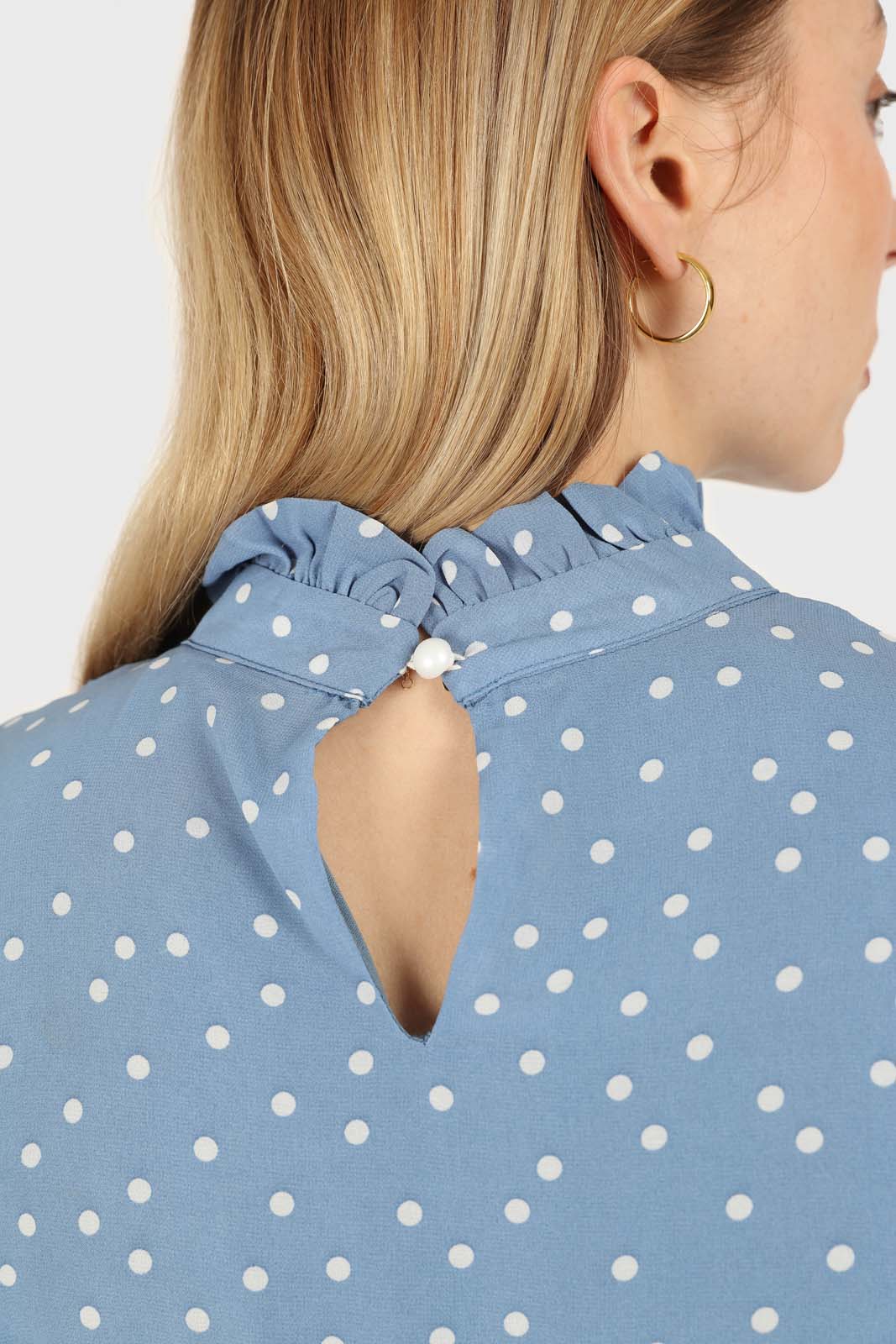 Pale blue and white polka dot ruffle trim maxi dress