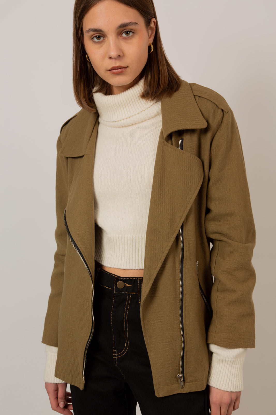 Khaki oversized belted rider jacket