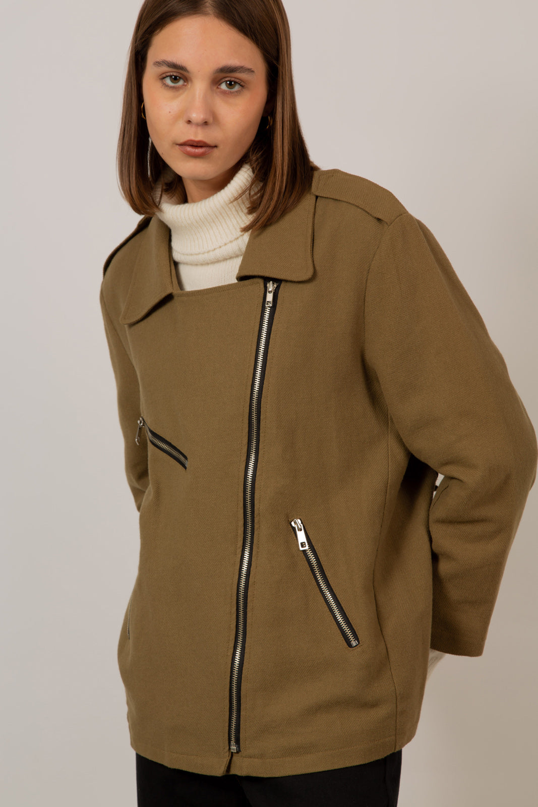 Khaki oversized belted rider jacket