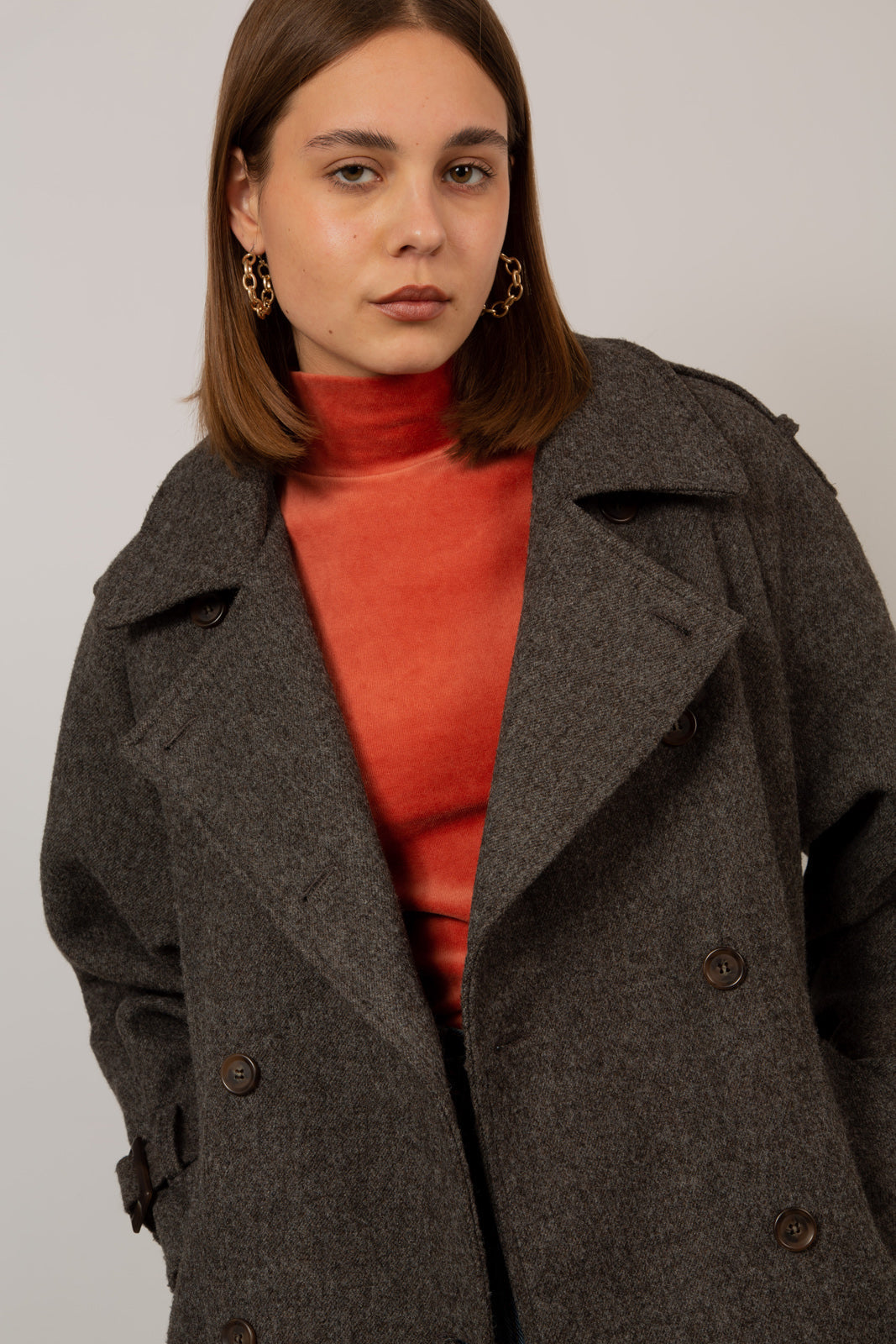 Brown wool blend double breasted belted coat