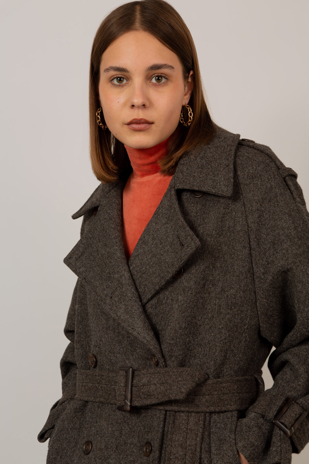 Brown wool blend double breasted belted coat