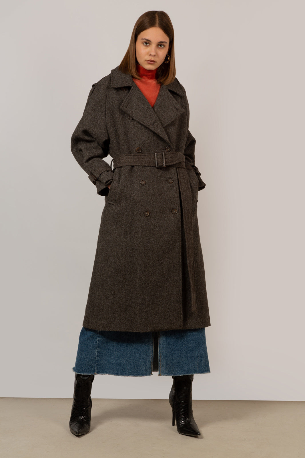Brown wool blend double breasted belted coat