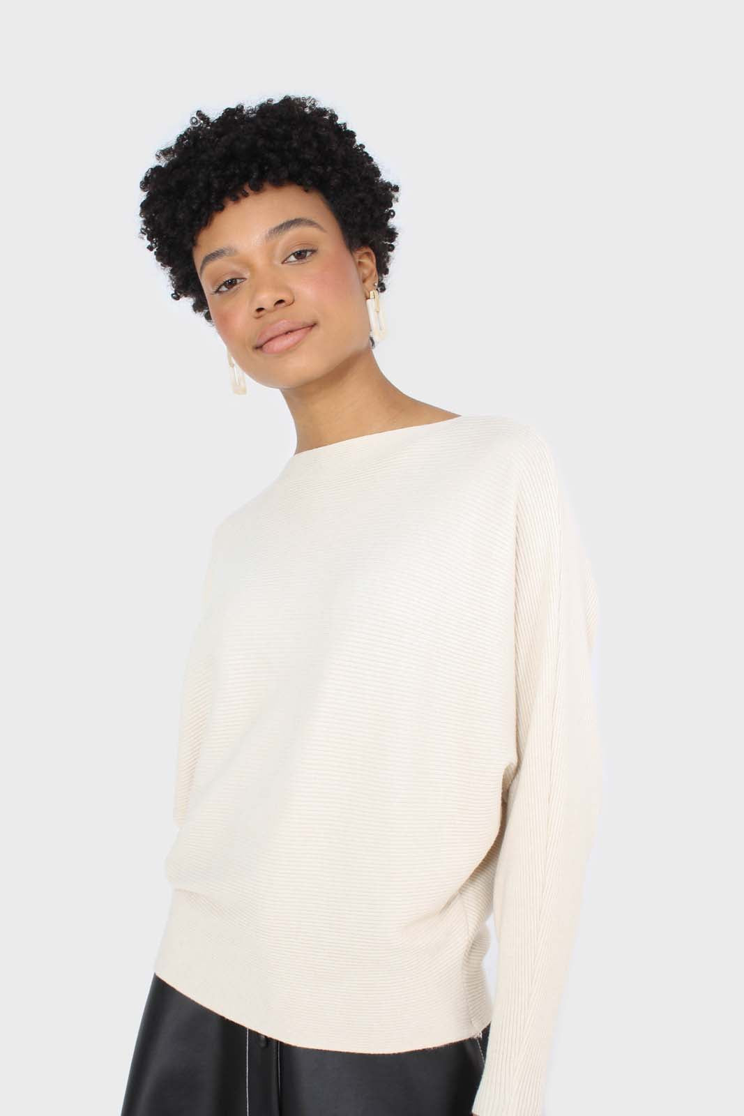 Beige long horizontal rib wide fit jumper