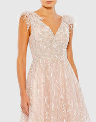 Pink Embroidered Sleeveless Feather Detail Midi Dress