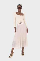 Beige silky micro pleat maxi skirt