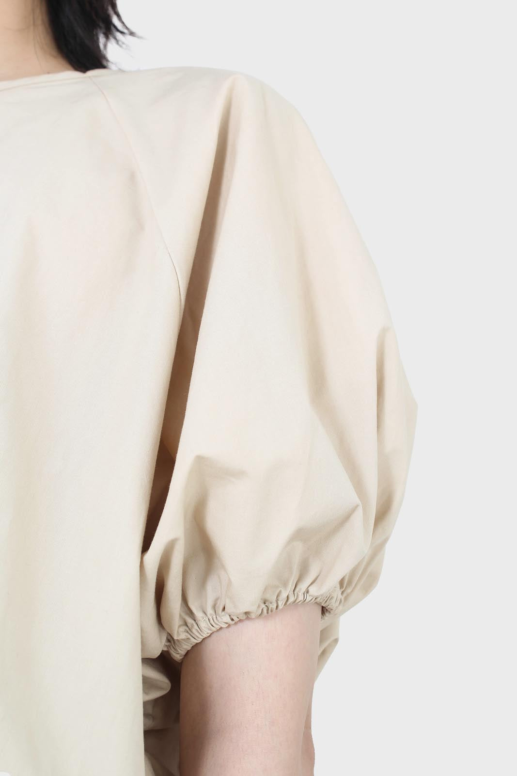 Beige ruched hem puff cropped top