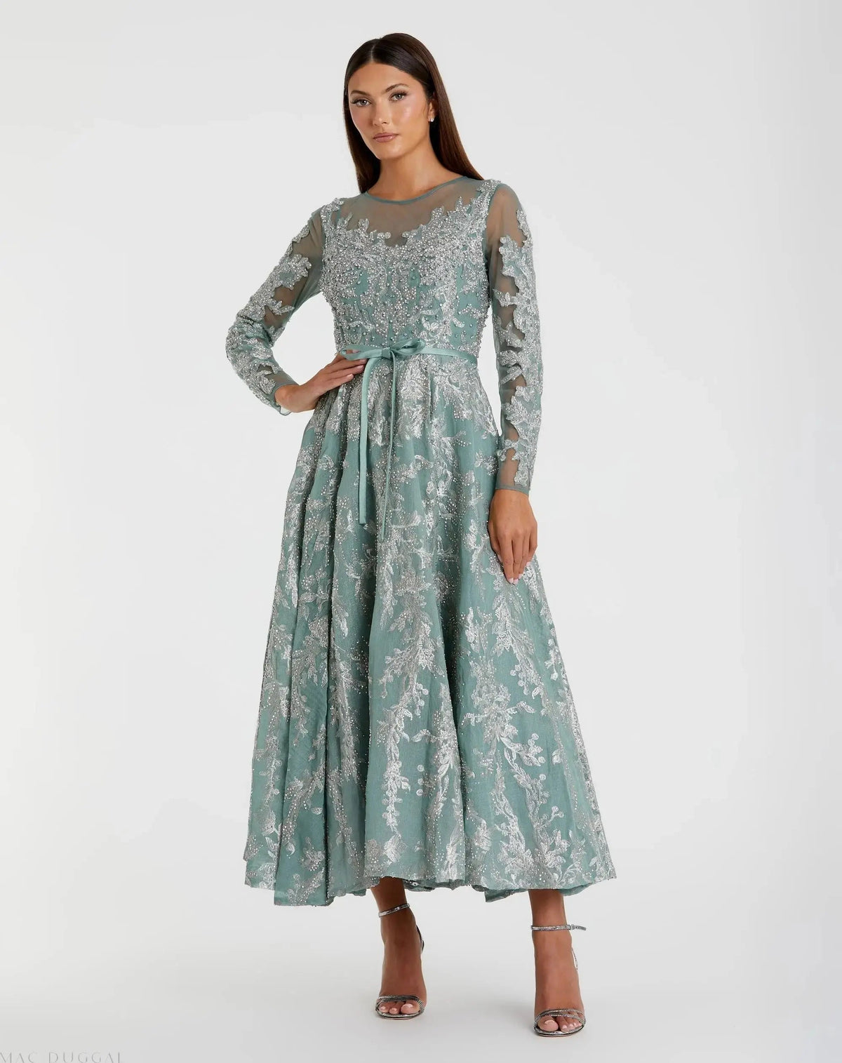 Green Embellished Bow Belt Illusion Long Sleeve A Line Dress