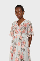 Pale blue and pink floral print layered V dress