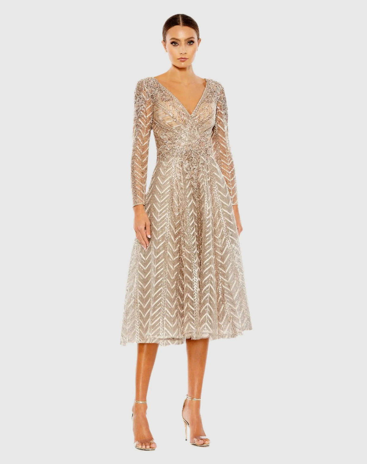 Beige Embellished Long Sleeve Wrap Over Dress