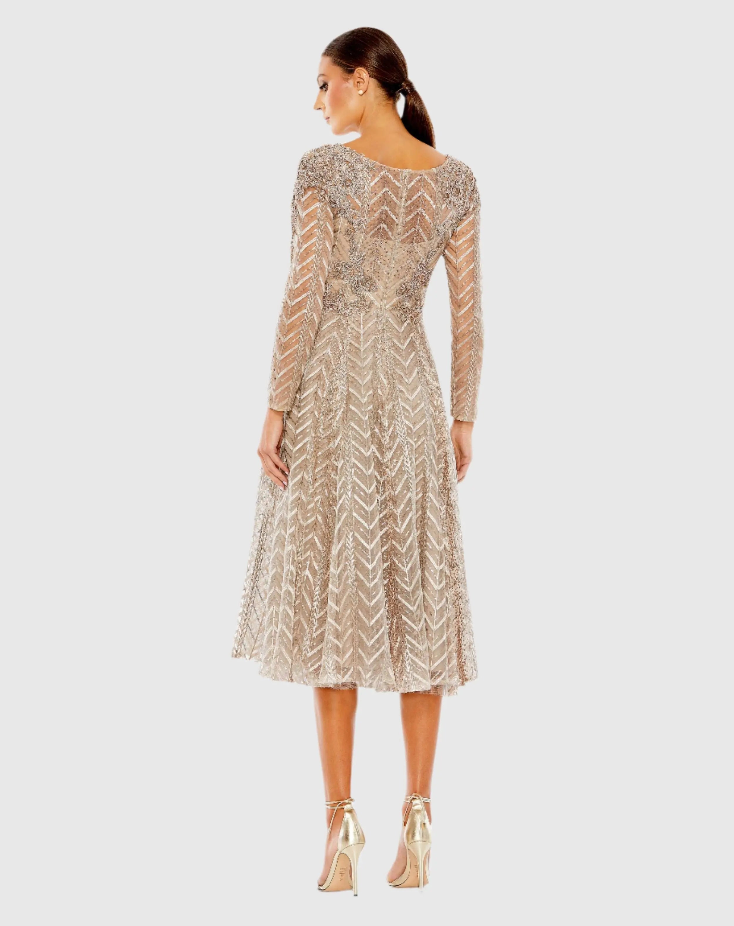 Beige Embellished Long Sleeve Wrap Over Dress