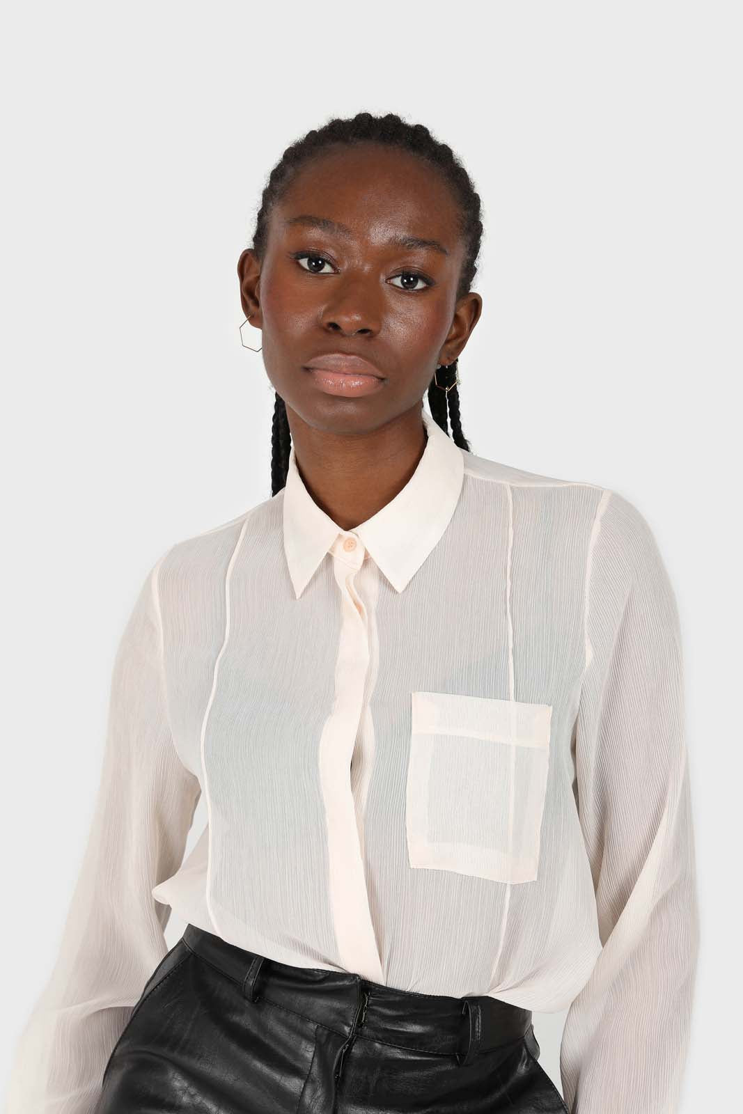 Pale pink sheer pocket shirt blouse