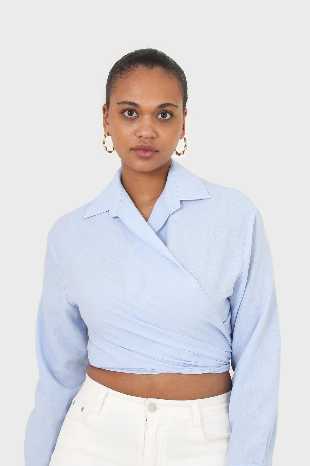 Pale blue linen plunging tie front shirt