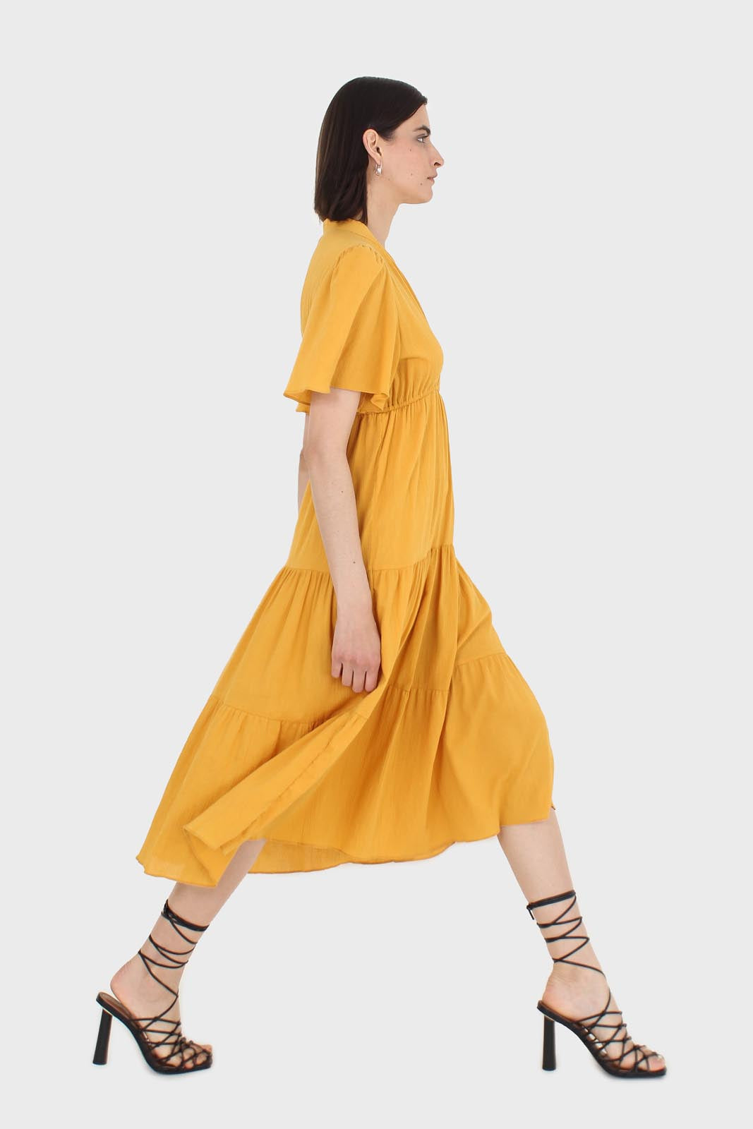 Mustard yellow v-neck tiered maxi dress