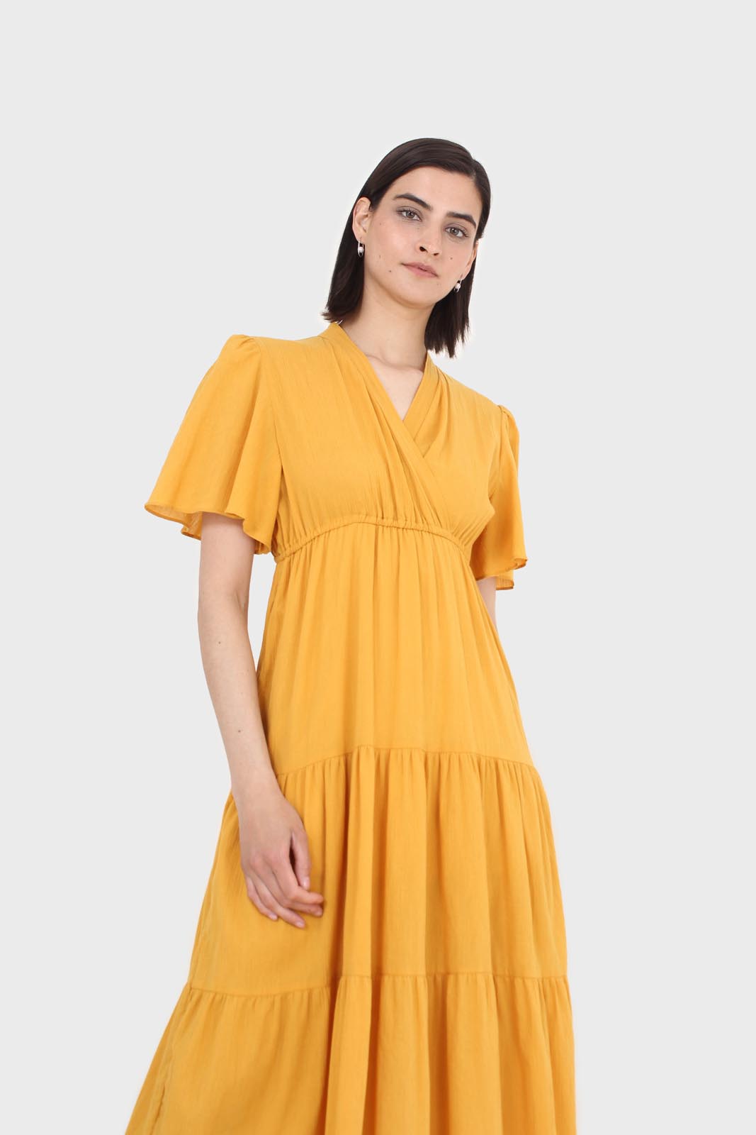 Mustard yellow v-neck tiered maxi dress