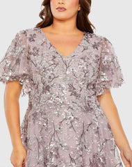Purple V Neck Flutter Sleeve A Line Embellished Gown (Plus)
