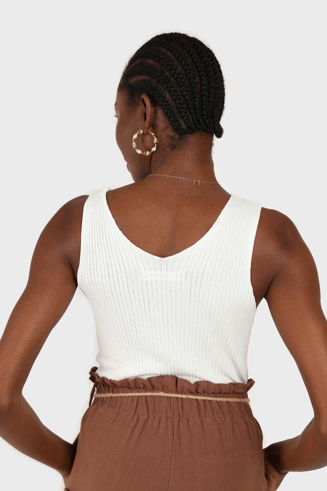 Ivory ribbed double V-neck knit tank