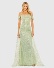 Off the Shoulder Sequin Panel Train Gown