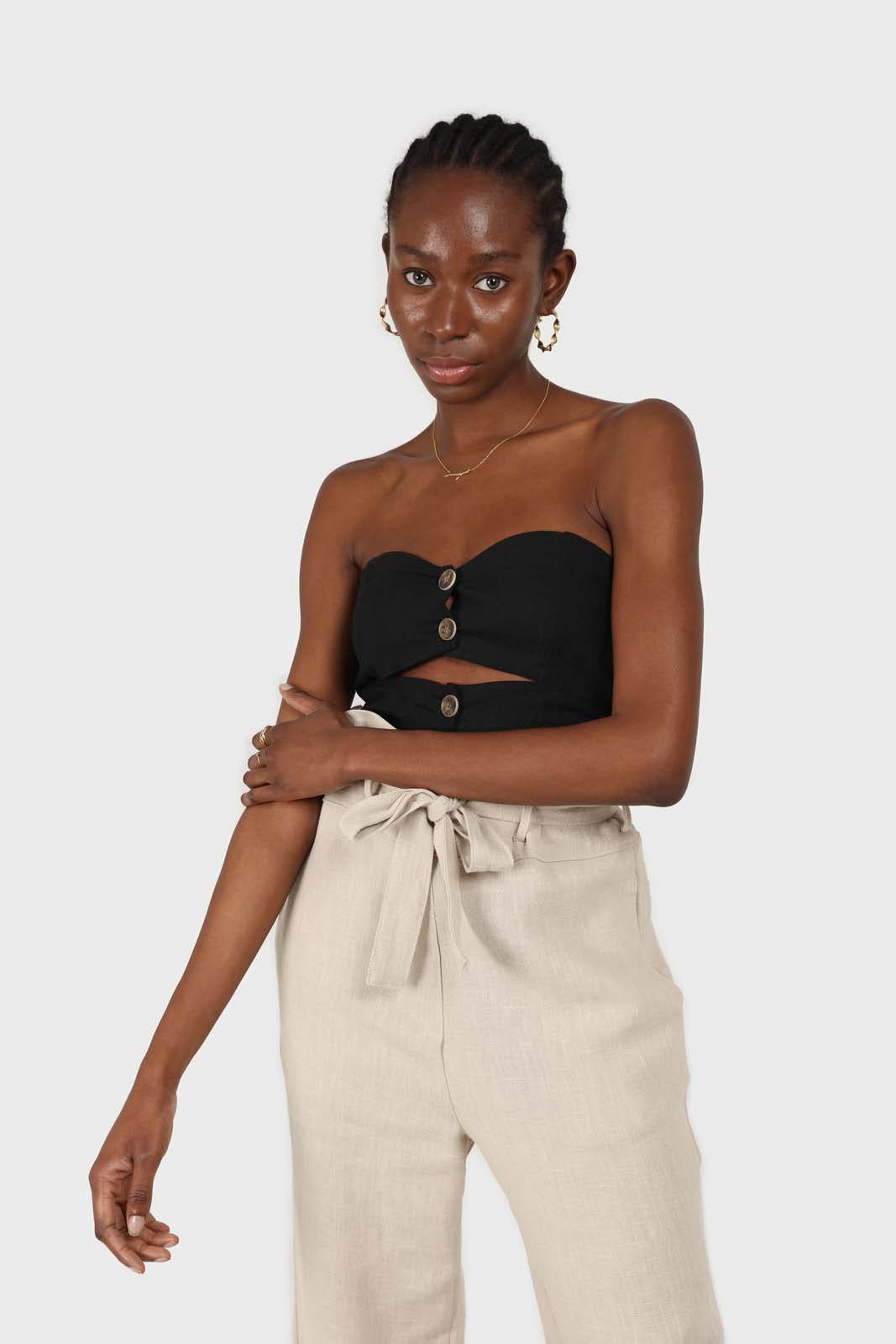 Beige belted wide leg linen trousers