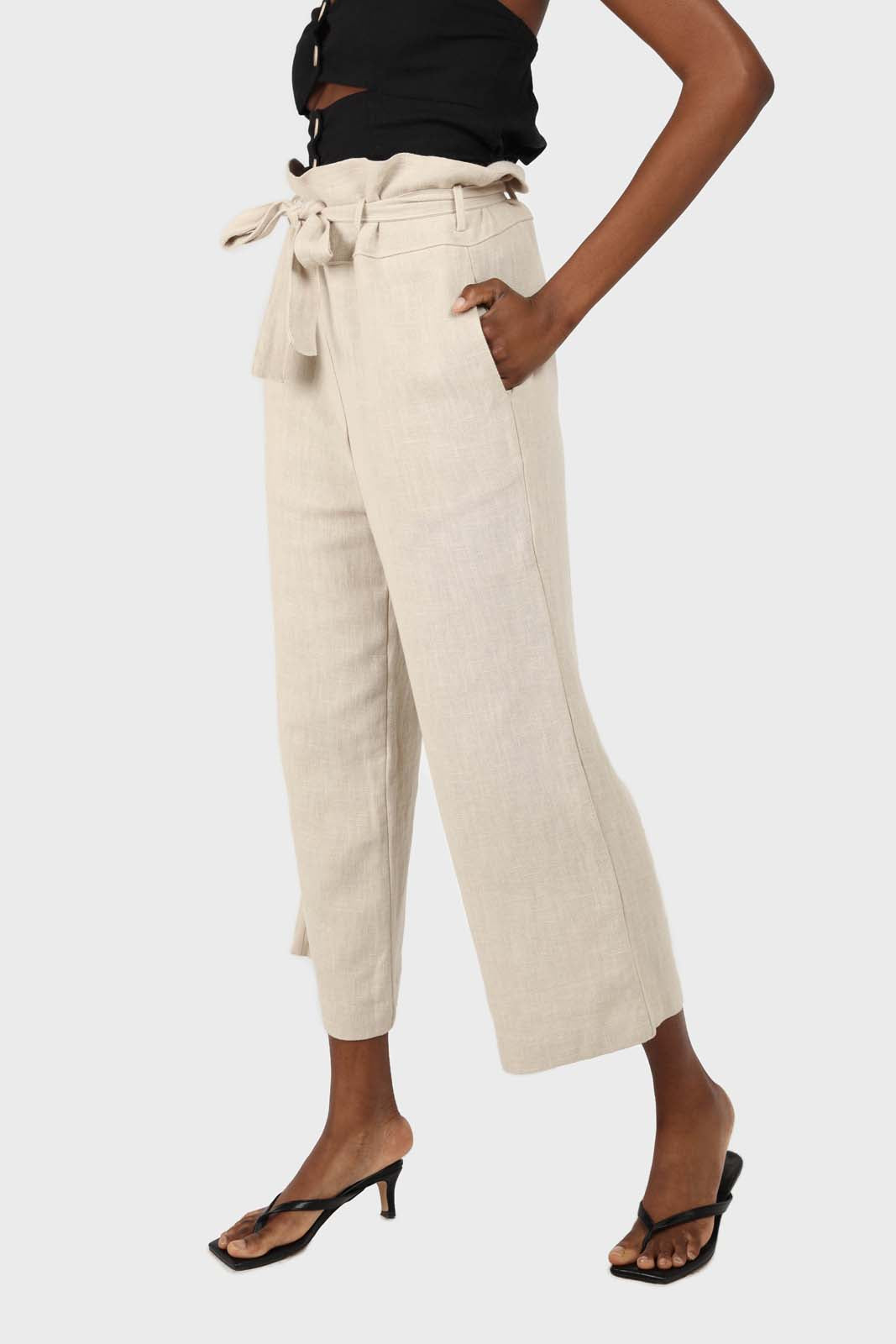 Beige belted wide leg linen trousers